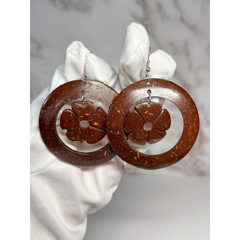 Wood Coastal Floral Hoop Dangle Earrings